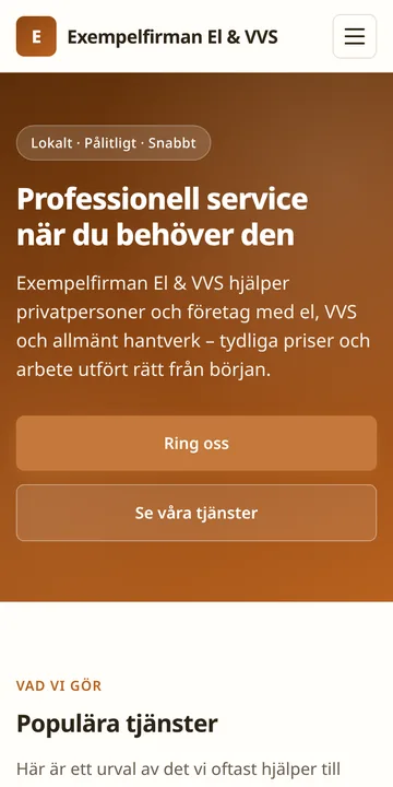 Exempel på hemsida för ett hantverksföretag i mobilen, paket Mellan