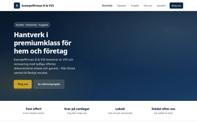 Se exempel på hemsida för ett hantverksföretag, paket Premium